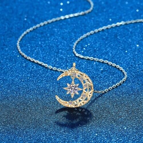 Women D Color Moissanite Diamond Necklace 14K Rose Gold Plated 925 Sterling Silver Moon Star Pendant Necklace Fine Jewelry