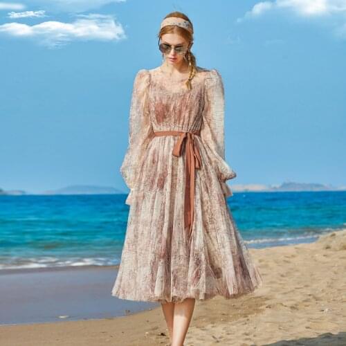 High Quality Runway Spring Summer New WomenS Net Gauze Printing Long Sleeve Party Vacation Vintage Fashion Elegant Midi Dress