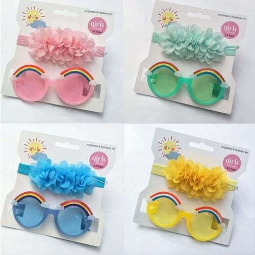 2 Pcs/Set Cute Baby Headband + Sunglasses Set Summer New Cartoon Rainbow Kids Children Sun Glass Solid Color Girls Hairbands