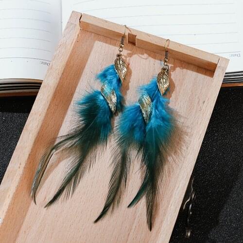 Boho Summer Long Blue Feather Ladies Earrings Oorbellen Hangers Gypsy Gold Leaf Dangle Earrings Tibetan Jewelry