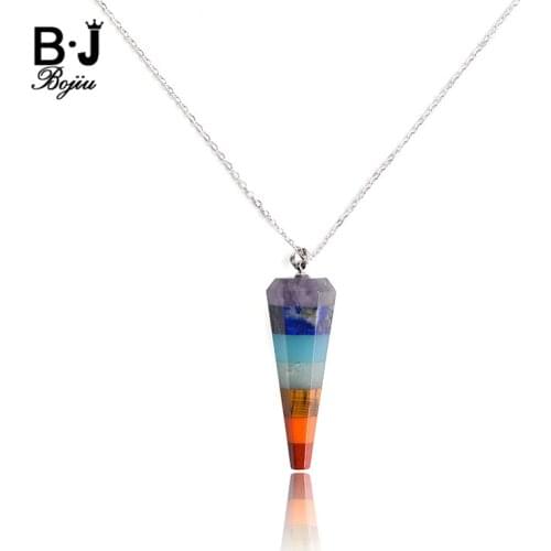 BOJIU 7 Charka Healing Yoga Pendant Necklaces Women Trendy Silvery Link Chain Natural Stone Necklace Jewelry Lady Gift NKS204