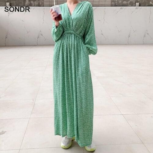 One-Piece Korean V-Neck Sexy Dress Woman Dress 2020 Autumn Chiffon Dress Office Worker Floral Print Loose Slim A-Line Maxi Dress