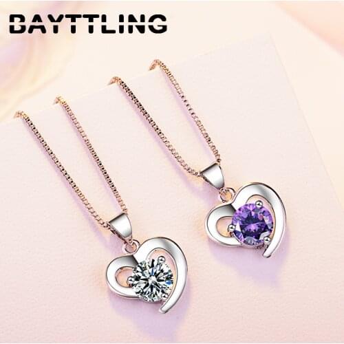BAYTTLING 925 Sterling Silver Shiny AAA Zircon Purple/White Heart Pendant Necklace For Woman Fashion Jewelry Necklace Party Gift