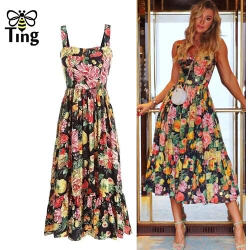Tingfly Designer Floral Print Ruffles Midi Long Strap Party Dresses Summer Casual Chic Sundresses Holiday New Vestidos Large Za