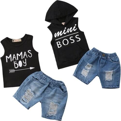 Emmababy Cool Kids Boys Baby Boss Clothes Summer Hoodie T-Shirt Top Ripped Jeans Outfit 2pcs