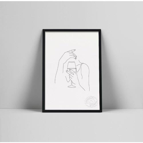 Wine Hands Art Print | Wine Woman Line Art | Wine Drinker Poster | Minimalist Wine Lover Art | Ln Wearing Rings Print | int | r