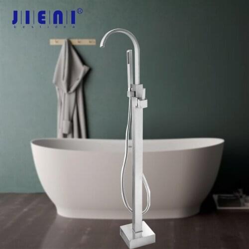 JIENI Brushed Nickel Floor Mount Stand Shower Set Stream Bathroom Deck Mount Single Handle Basin Sink Vessel Tap Mixer Faucet