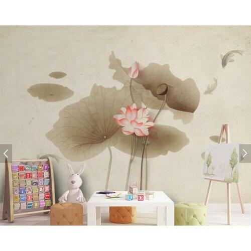 Chinese vintage hand drawn ink lotus wallpaper,living room sofa TV wall bedroom study restaurant Custom murals papel de parede
