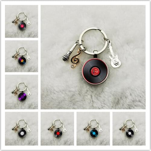 Classic Retro Vinyl Record Keychain Vintage Vibes Tape DJ Vinyl Record Player Art Photo Glass Gem Keychain Bag Pendant Trinket