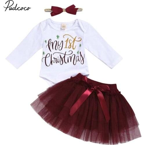 2019 Baby Spring Autumn Clothing Newborn Infant Baby Girl Christmas Long Sleeve Romper Tutu Mesh Skirt Headband 3pcs Outfits Set