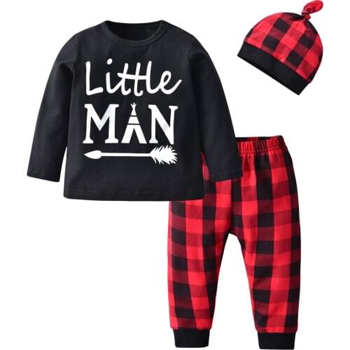 Baby Boys Clothes Set Little Man Personalized Letter Full Sleeve Babies Top+Plaid Pants+Hat Infant Toddler Clothing Set