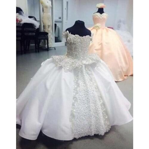 Lace Applique Princess Ball Gowns Flower Girls Dresses Puffy Dress Lace Satin Dresses Gowns Custom