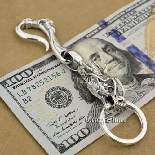 Punk Fashion Dragon Claw Hook Waist Pendant Solid 925 Sterling Silver Cool Mens Biker Dragon Head Keychain Keyring 8C019KC