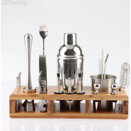 23pcs Stainless Steel Cocktail Shaker Set Barware Kit with Square Wooden Rack for Bartender Drink Party Bar Tools