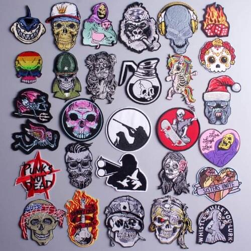 Punk Skeleton Patches Embroidered Stripe Patch Skull Sticker On Clothes Diy Applique Patch Iron On Patches On Clothes Applique