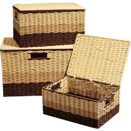 Desktop Pastoral Storage Box with Lid Sundries Storage Box Paper Rattan Snack Toy Clothes Organizer Rim