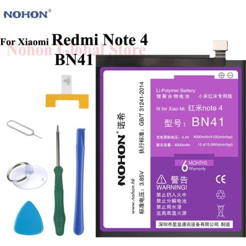 Original NOHON Battery For XiaoMi RedMi Note 4 BN41 4100mAh Built-in Phone High Capacity HongMi Note4 Li-polymer Tools+Package