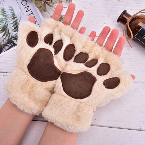 1 Pair Winter Women Cute Cat Claw Paw Plush Mittens Short Fingerless Gloves Half Finger Gloves