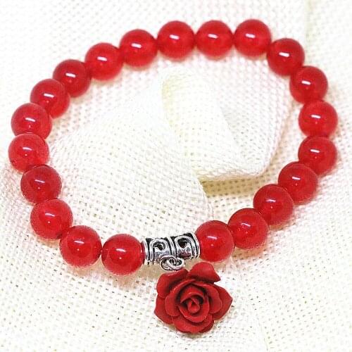 Charms gift 8mm red jades chalcedony stone bracelet round beads flower pendant party birthday special jewelry 7.5inch B1411