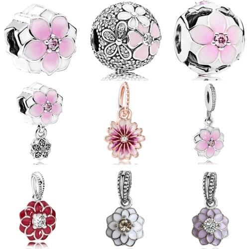 Rose flower and daisy Pink flower beads pendant bangle fit original pandora charms bracelet diy jewelry making for women gift