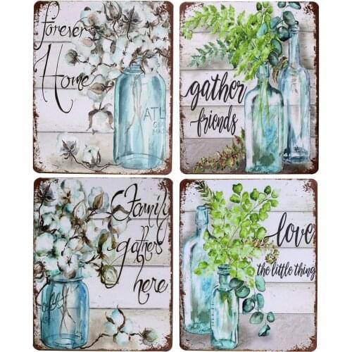 Family Love Forever Home Flower Bottle Art Painting Metal Tin Sign, Vintage Plate Plaque Wall Decor