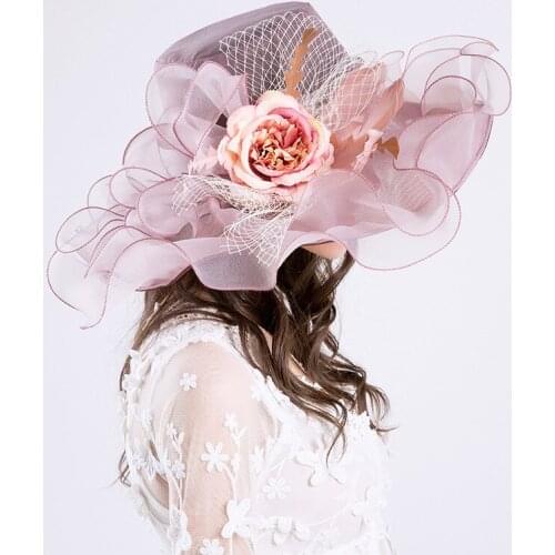 Women Summer Hat Organza Ruched Flower Wide Brim Sun Hats Ladies Hat for Dress Wedding Church Kentucky Derby Beach Hat B-8632