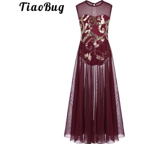 TiaoBug Kids Teens Shiny Sequins Floral Mesh Dance Dress Children Girls Ballet Gymnastics Leotard Stage Lyrical Dance Costumes