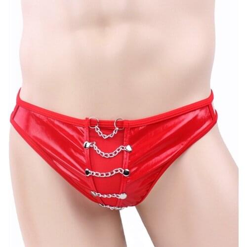 Open Penis Double Thong Mens Metal Chain G String Mans Patent Leather Panties Hollow Male Gay Underwear Fetish Man Bikini Brief