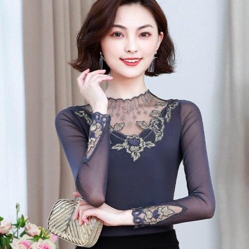 Spring Autumn Women Blouse Tops Mesh Patchwork Lace Blouses Female Long Sleeve Shirts Floral Hollow Out Shirt Plus SIze 4XL 1840