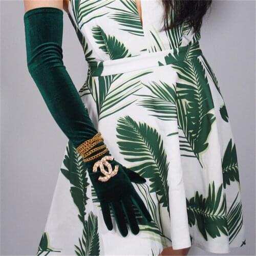 Women Velvet Gloves 60cm Growth Green Velvet Green High Elastic Velvet Gold Velvet Touch Screen Gloves RLS06