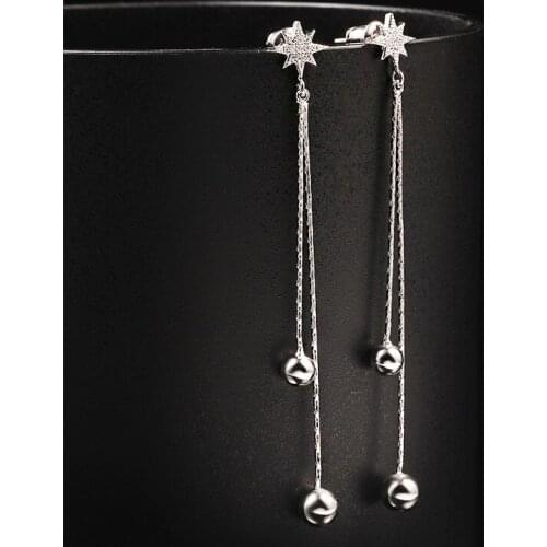 LADYCHIC High Quality Fashion Star Statement Tassel Drop Earrings for Women Double Ball Long Chain Silver Color Dangle Earrings