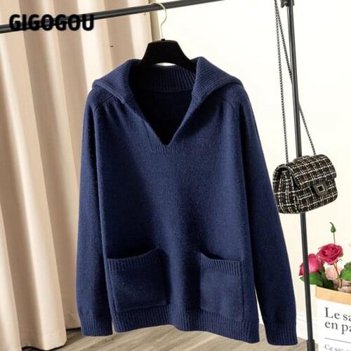 GIGOGOU Preppy Style Oversized Women Cashmere Sweater Loose Casual V Neck Pullovers Top Autumn Winter Thick Warm Knitted Jumper