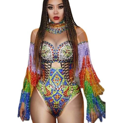 Phoenix Bodysuits Multicolor Tassel Jumpsuits Crystal Rhinestone Jumpsuits Women DJ Nightclub Dancer Stage Show Outfit Bodycon