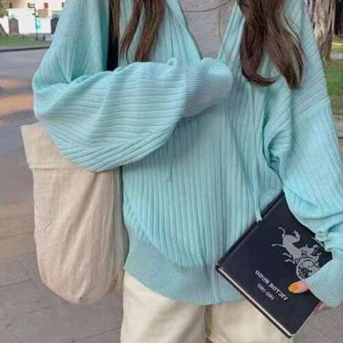 [EWQ] Korea Chic Autumn Casual Trend Women Hooded Drawstring Zipper Fashion New Long-sleeved Knitted Cardigan Coat 2021 16E2362