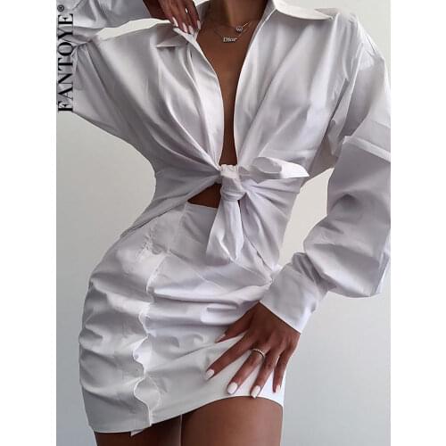 Fantoye Deep V-neck Cut Out Skinny Blouse Dress Women Sexy Turn-down Collar Long Sleeve Ruehed Mini Dress White Bandage Vestido