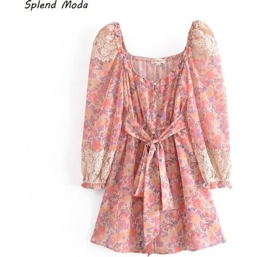 Splend Moda 2021 Summer New Sweet Pink Floral Print Lace Stitching Square Collar Long-Sleeve Dress For Women Belt Vestido Chic