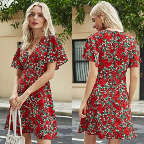 Feminine Print Big Red Flower V-Neck Short Sleeve Dress Red