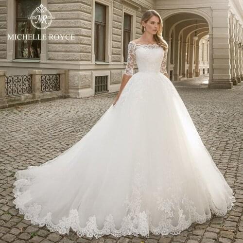 Michelle Royce A-Ling Wedding Dresses 2020 Boat Neck Cut Out Appliques Lace Half Sleeve Court Train Lace Up Vestido De Novia