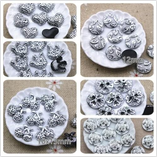 100pcs shiny silver color heart/flower/crown Flat back Cabochon Art Supply Decoration Charm Craft