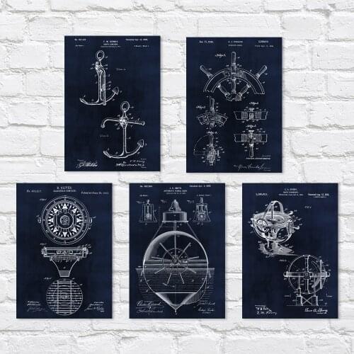 5 in 1 ships anchor signal buoy steering wheel gyroscope compass art prints HD printing sea house wall decor unframed
