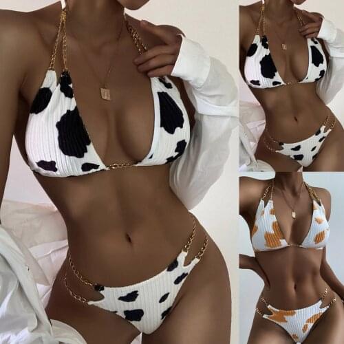 Bikini Women 2021 Y2k Floral Cows Print Bikini Set Metal Chain Push-up Swimsuit Cotton Beachwear Padded Swimwear Купальник