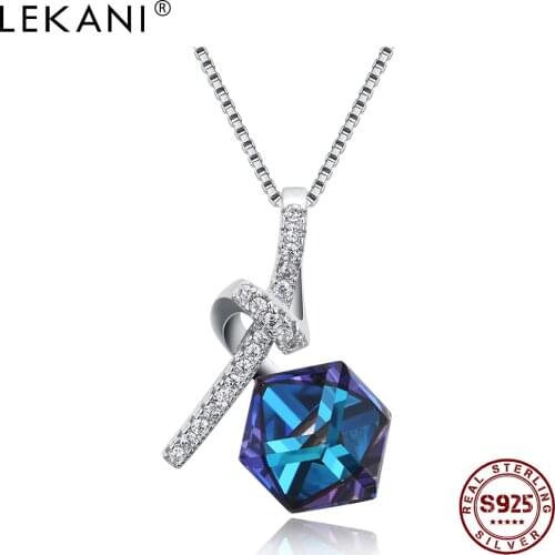 LEKANI 925 Sterling Silver Prismatic Pendant Necklaces For Women Blue Austria Crystal And Cubic Zirconia Anniversary Necklace