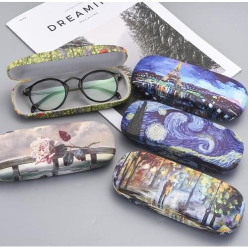 Oil Painting Glasses Case Box Women Hard Leather Reading Glasses Case Men Retro Unisex Floral Print Eyewear Protector