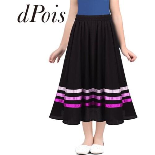 Kids Skirt Girls Chiffon Elastic Waist Pull-On Full Circle Ribbons Decorated Skirt Dance Dress for Ballet Stage Performance