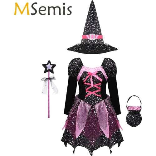 Kids Girls Halloween Cosplay Witch Scary Costume Outfit Sparkly Stars Printed Dress with Hat Wand Candy Bag Fancy Photography