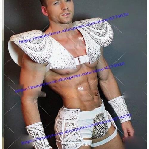 Europe Model Catwalk concert muscle men DS dance team dance bar white armor version sexy GOGO costume Shiny diamond suit