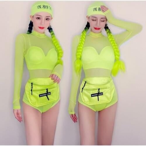 Fluorescent Green Tops Leopard Bikini Sexy Nightclub DJ Ds Gogo Stage Clothes Pole Dancing Performance Wear Rave Outfit YS1323