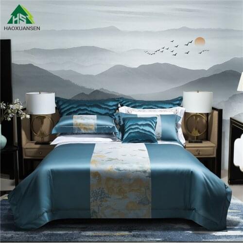 Wanli Mountain And River Design Beige Blue Bedding Sets 4Pieces Yarn Dyed Jacquard Bed Linens Duvet Cover Pillowcase Bedsheet