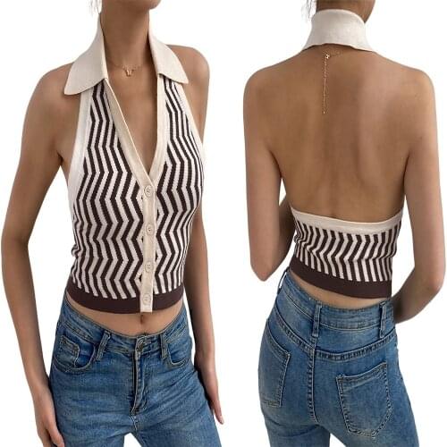 INS New Summer Women Sexy backless Brown Striped Y2k Crop top Tank Halter Knit Vest Female Fashion Slim Button Streetwear Top