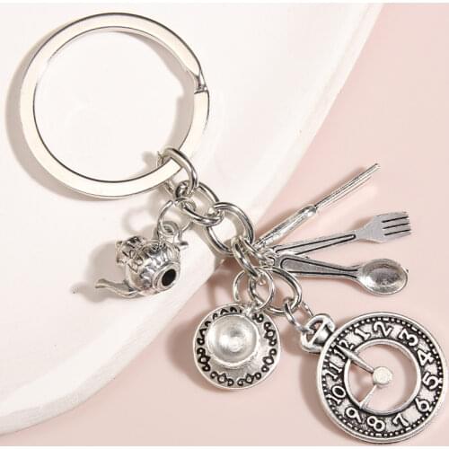 Kitchen Tableware Knife Spoon Metal Keychain Coffee Cup Teapot Clock Pendants For Afternoon Tea Car Key